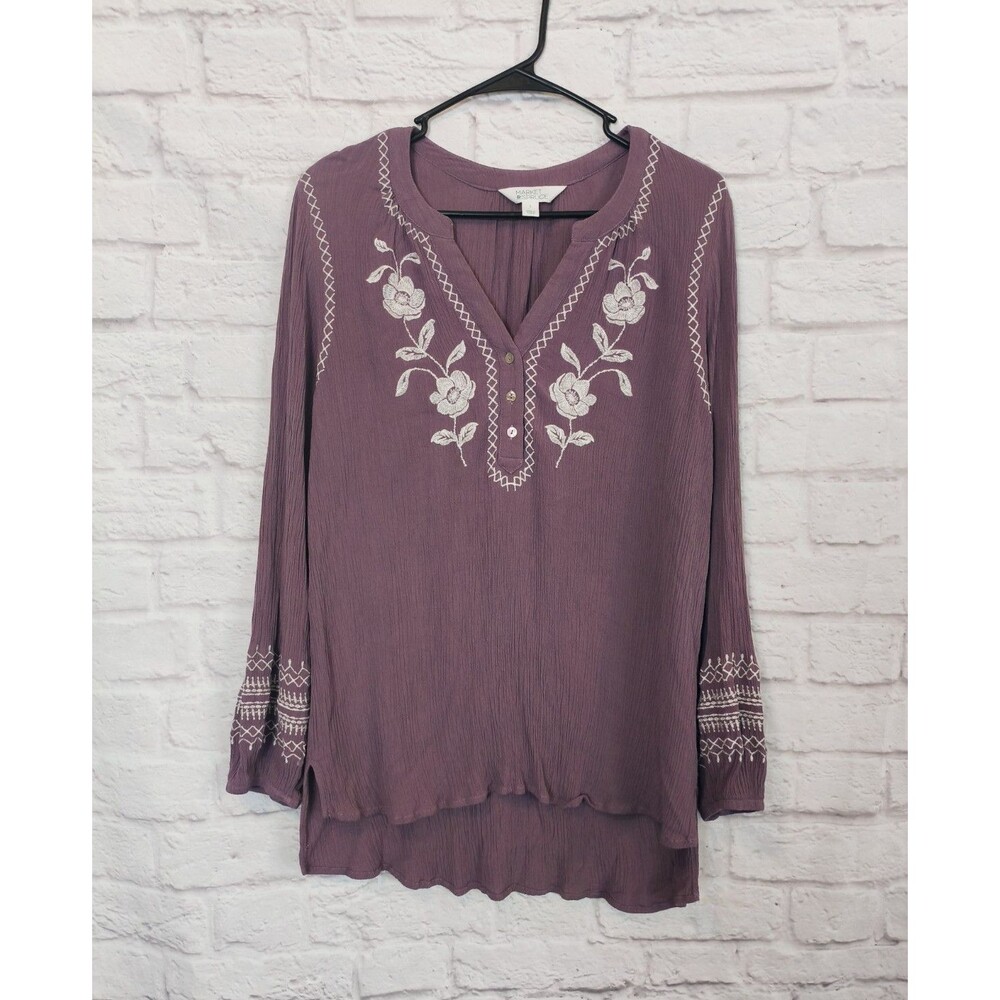 Market & Spruce Split Neck Purple Embroidered Tunic Top size Large Boho, Cottage